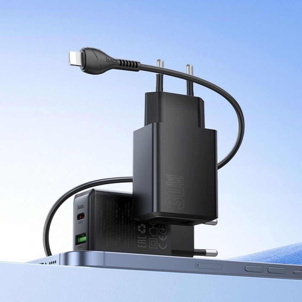 Kucni punjac Hoco USB A + USB C QC3.0 PD AFC 3A 30W + USB C na USB C kabl N71 crni