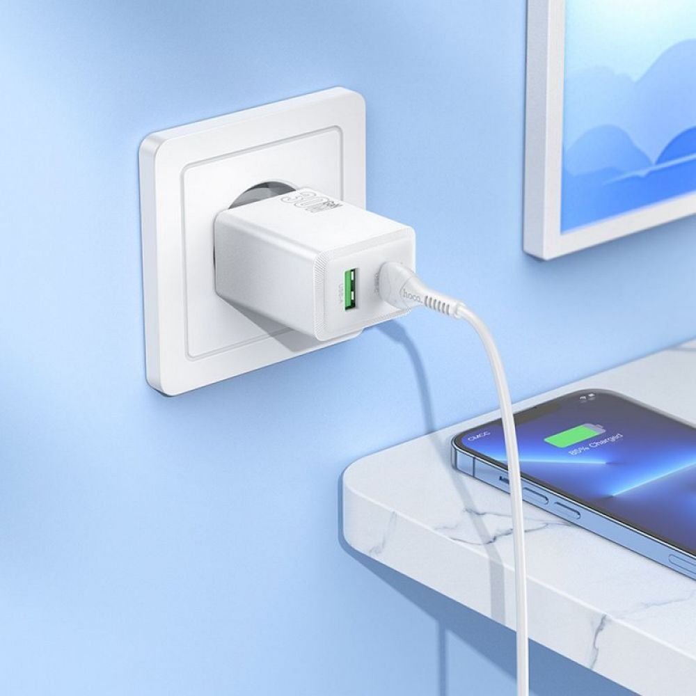 Kucni punjac Hoco USB A + USB C QC3.0 PD AFC 3A 30W + USB C na USB C kabl N71 beli