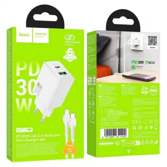 Kucni punjac Hoco USB A + USB C QC3.0 PD AFC 3A 30W + USB C na USB C kabl N71 beli