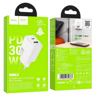 Kucni punjac Hoco USB A + USB C QC3.0 PD AFC 3A 30W N71 beli