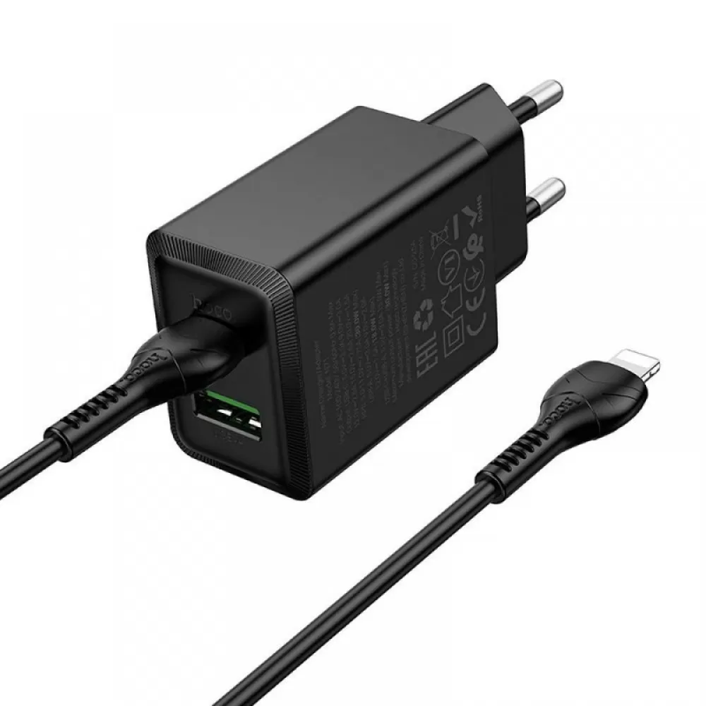 Kucni punjac Hoco USB A + USB C QC3.0 PD AFC 3A 30W + USB C na USB C kabl N71 crni