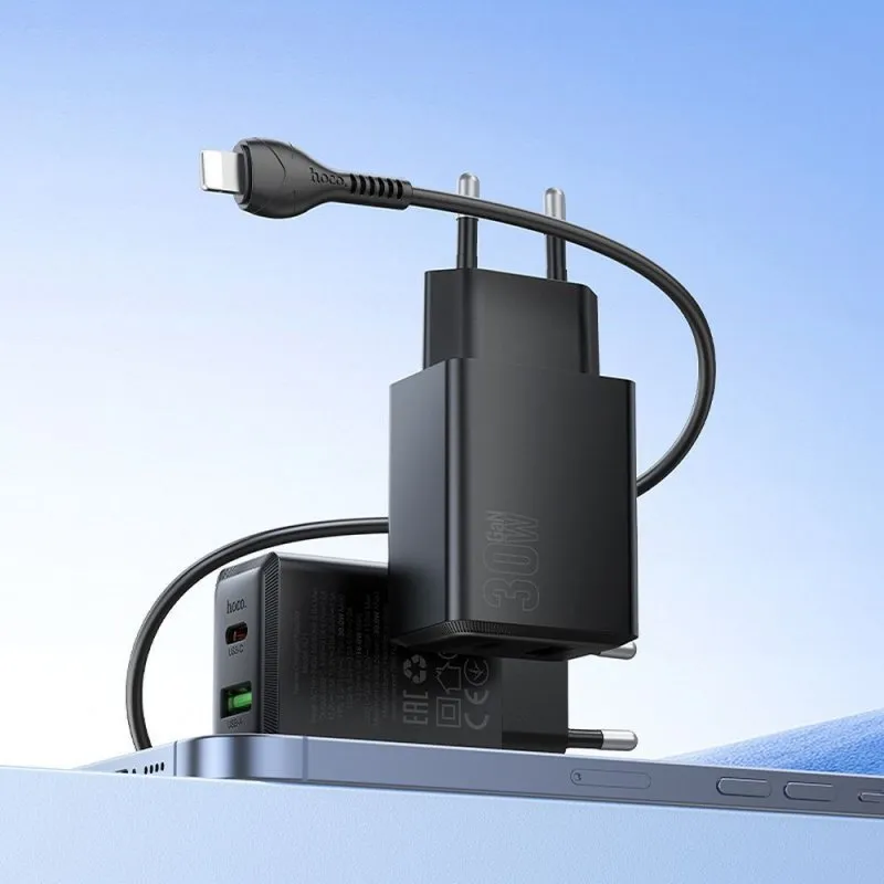 Kucni punjac Hoco USB A + USB C QC3.0 PD AFC 3A 30W + USB C na USB C kabl N71 crni