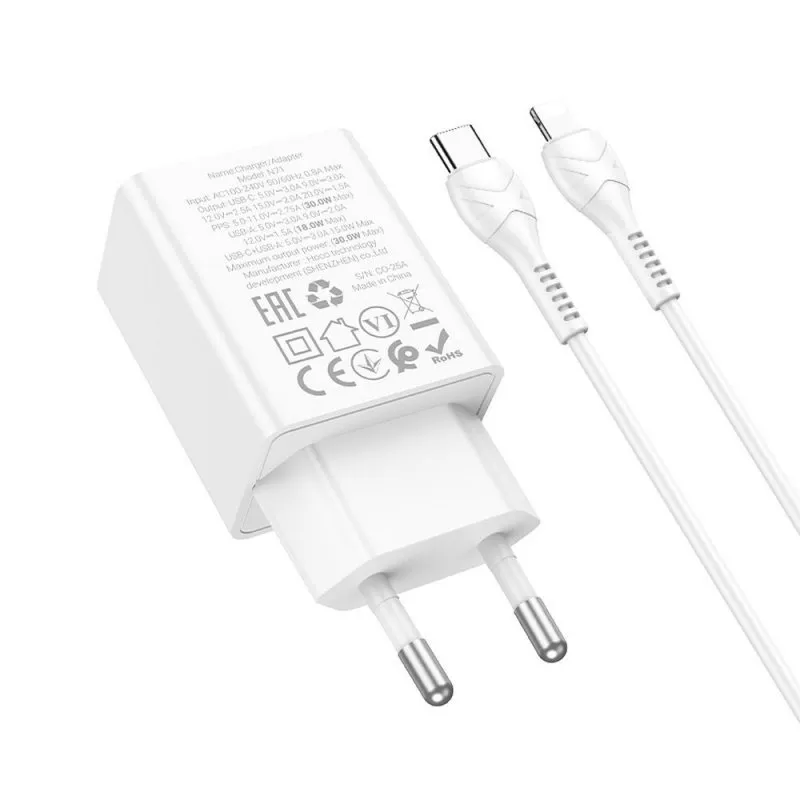 Kucni punjac Hoco USB A + USB C QC3.0 PD AFC 3A 30W + USB C na USB C kabl N71 beli