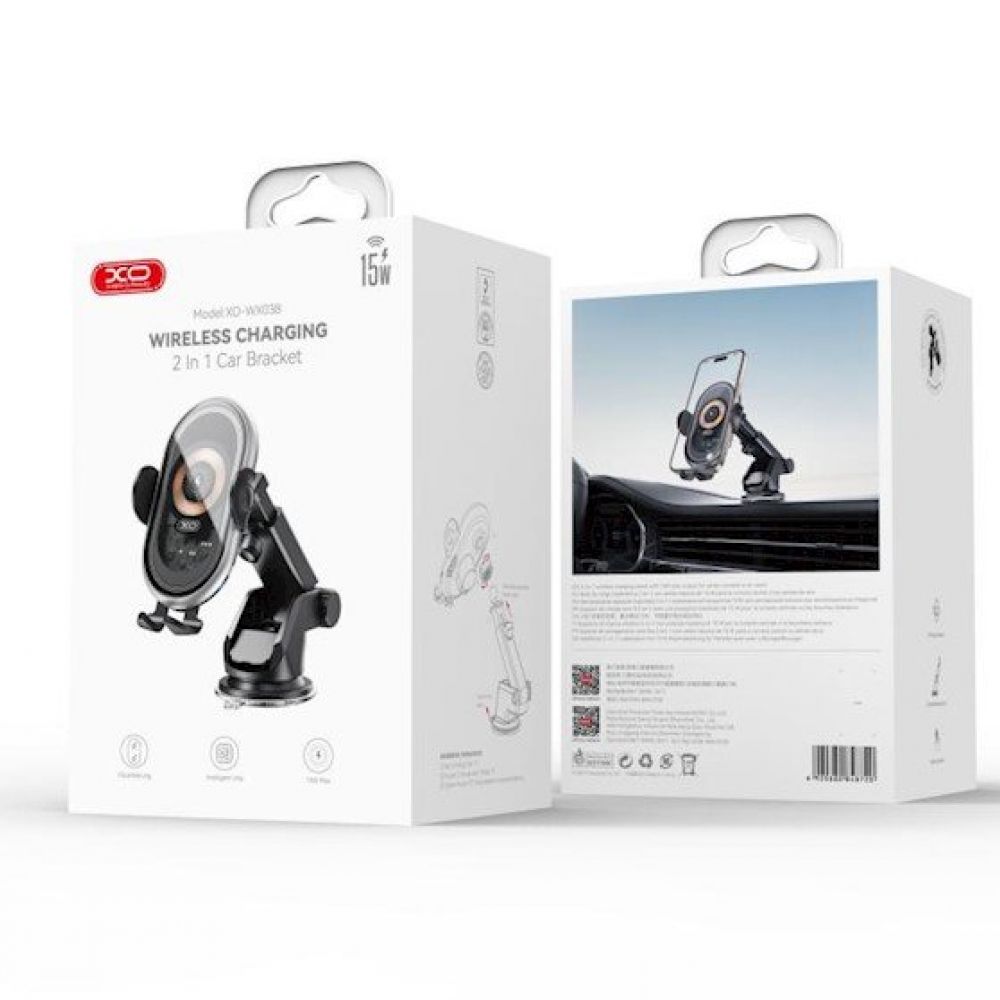 XO auto drzаc WX038 sa bezicnim induktivnim punjacem 15W crni sa vakum casom