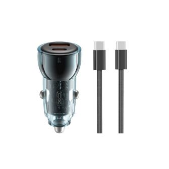 XO auto punjac CC60 60W 1x USB 1x USB-C plavi + USB-C – USB-C kabl