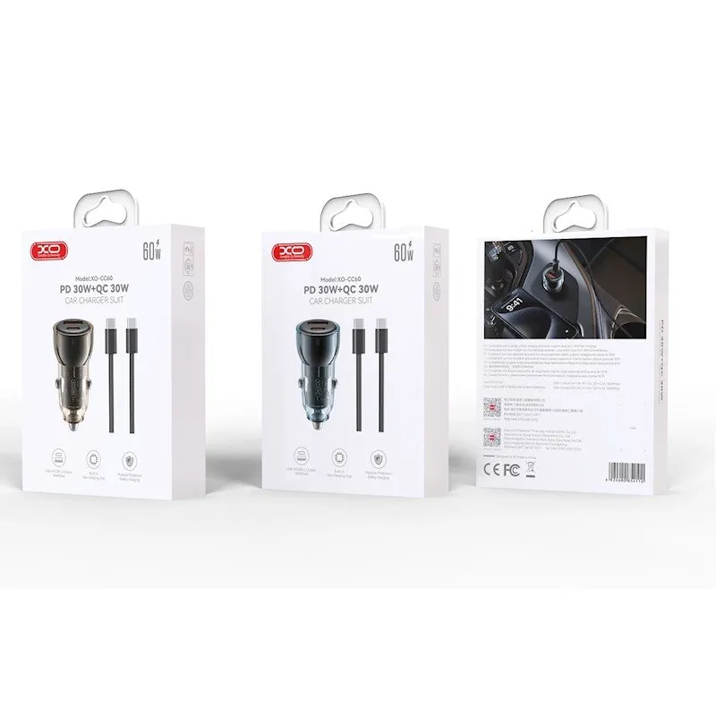 XO auto punjac CC60 60W 1x USB 1x USB-C plavi + USB-C â€“ USB-C kabl