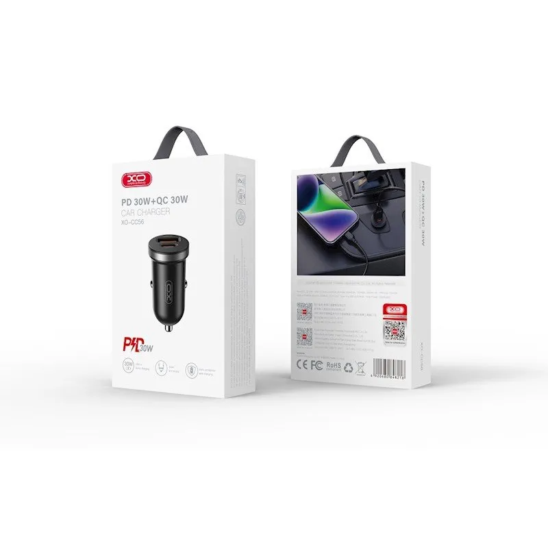 XO auto punjac CC56 PD 30W QC 1x USB 1x USB-C crni