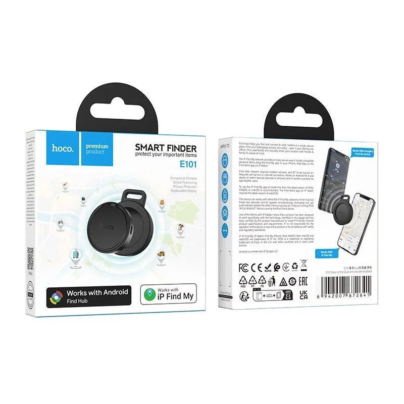 Lokator kompatibilan sa Apple Find My i Google Find My Device Hoco E101 crni