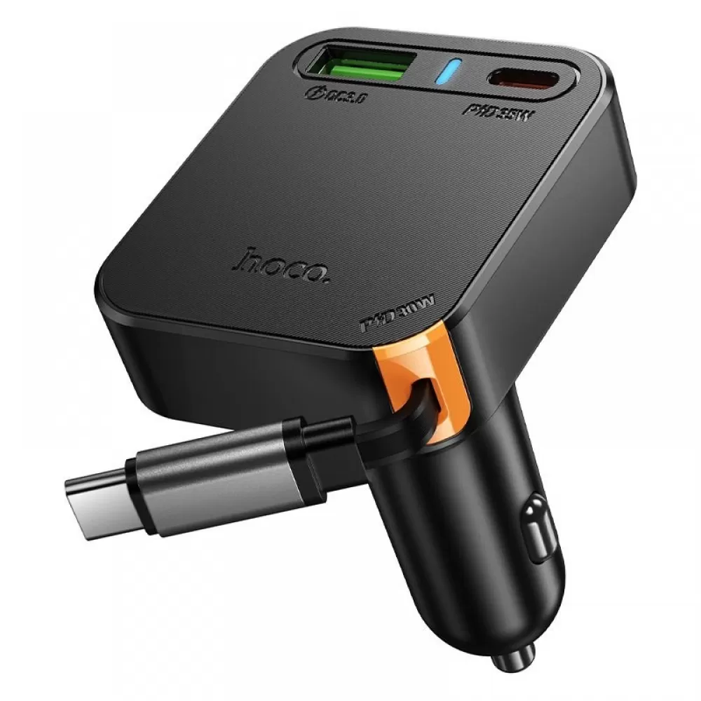Auto punjac Hoco sa uvlacivim kablom 2 x USB C + USB A QC PD 65W NZ18 crni