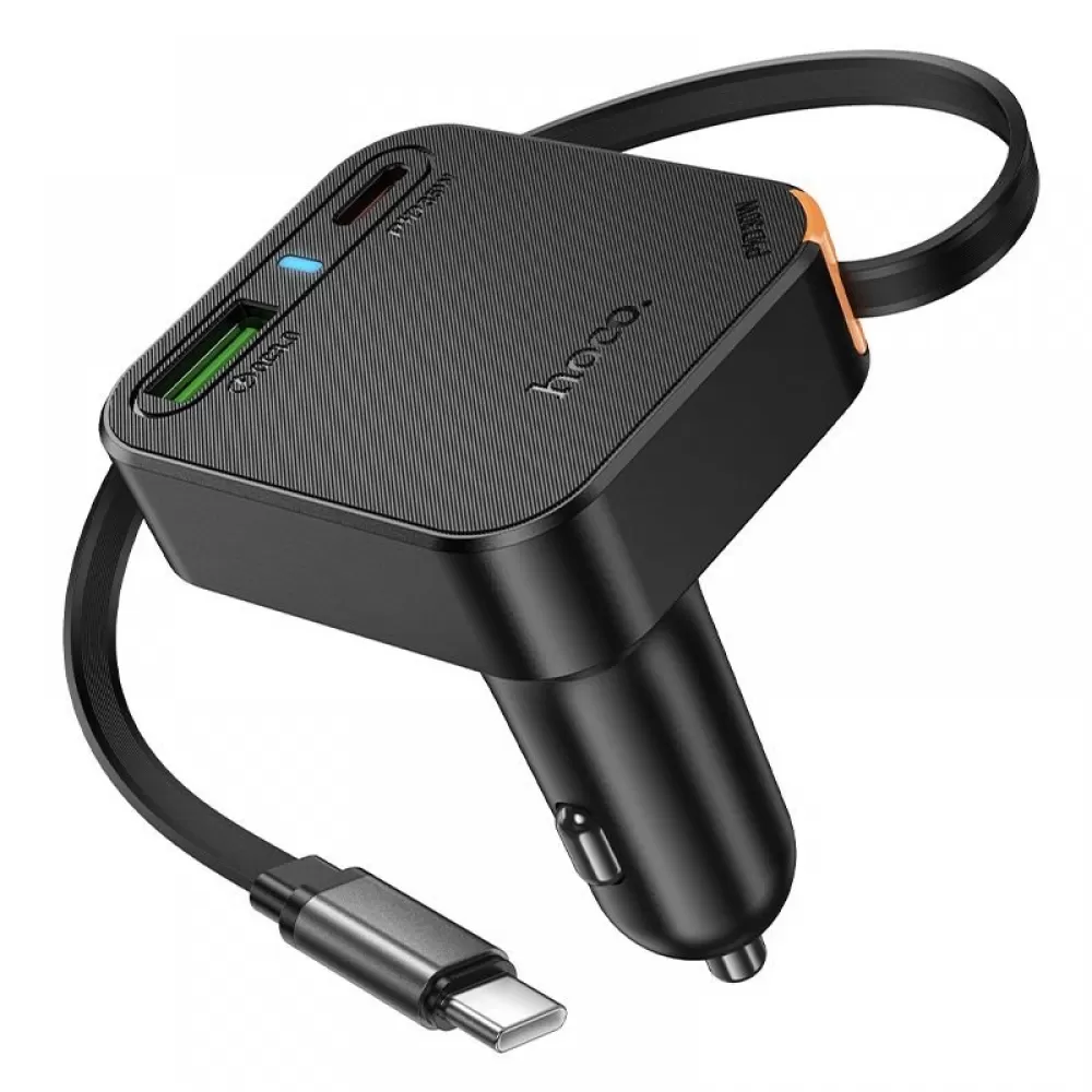 Auto punjac Hoco sa uvlacivim kablom 2 x USB C + USB A QC PD 65W NZ18 crni