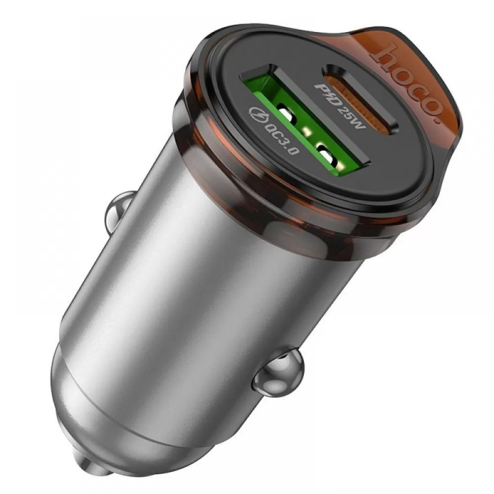 Auto punjac Hoco USB A + USB C QC3.0 PD 3A 43W + USB C na Lightning kabl NZ16A metalno sivi