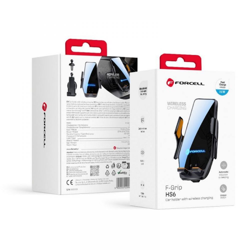 Bezicni auto drzac za telefon Forcell F-Grip HS6 15W za vetrobran / ventilaciju crni