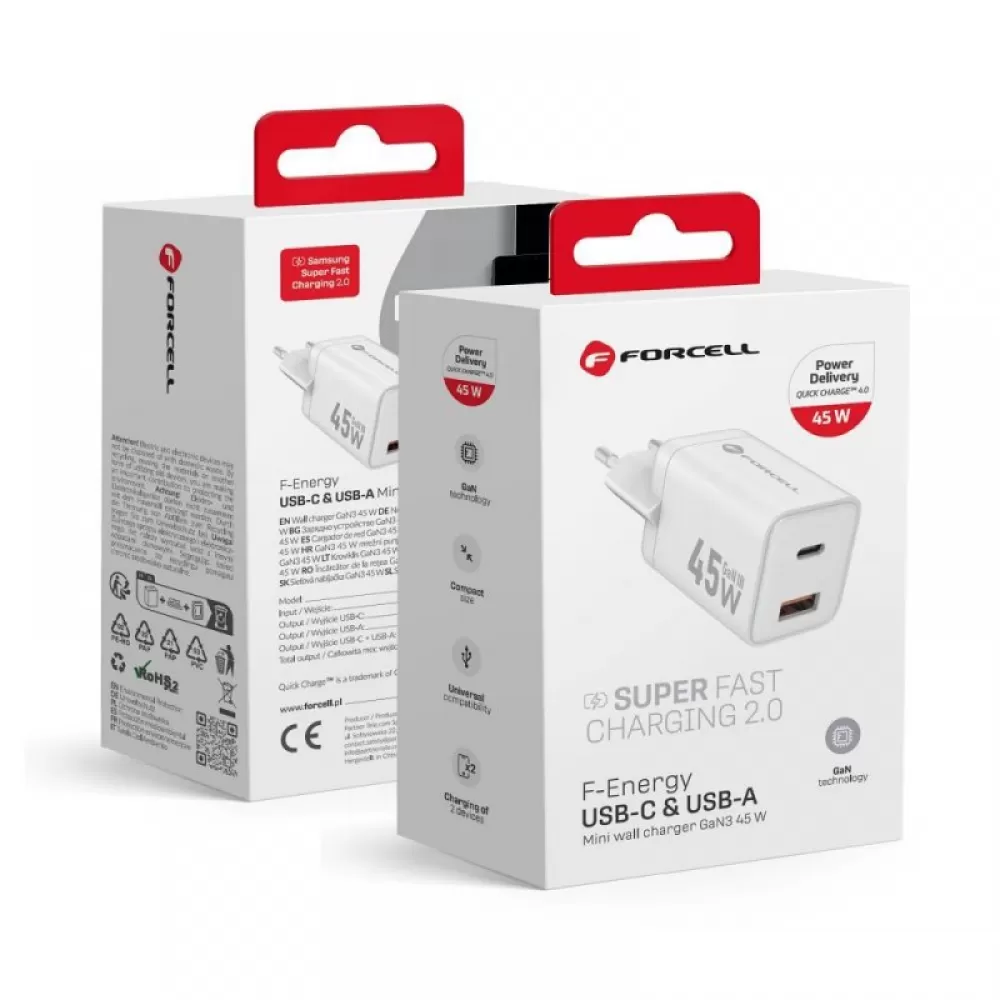 Kucni punjac Forcell F-Energy Mini GaN III USB C + USB A PD QC4.0 45W VT-36 beli