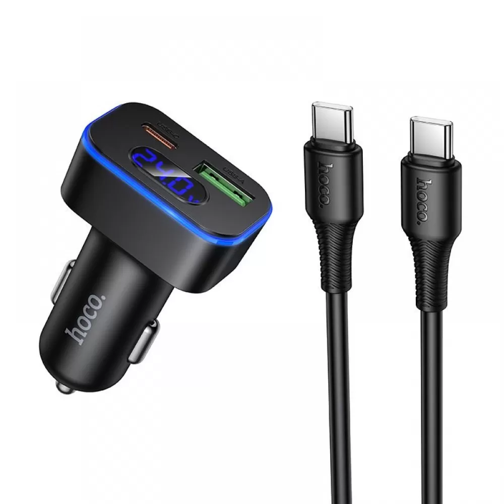 Auto punjac Hoco Z63B USB A + USB C PD QC3.0 48W + USB C na USB C kabl crni