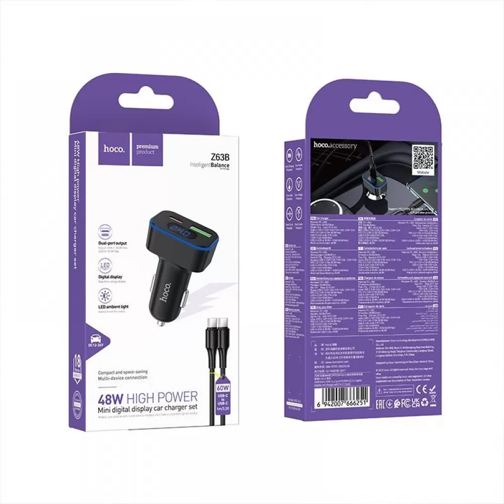 Auto punjac Hoco Z63B USB A + USB C PD QC3.0 48W + USB C na USB C kabl crni