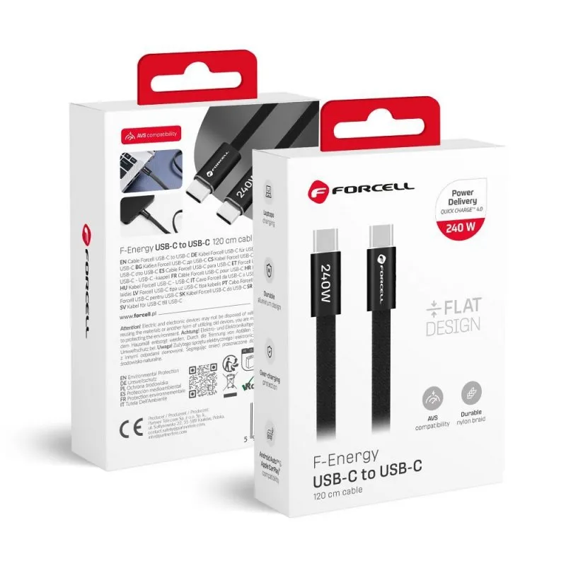 USB kabl (kabal) Forcell F-Energy QC4.0 PD 5A 240W USB C (Type C) na USB C (Type C) Cafule Flat 1,2 m crni