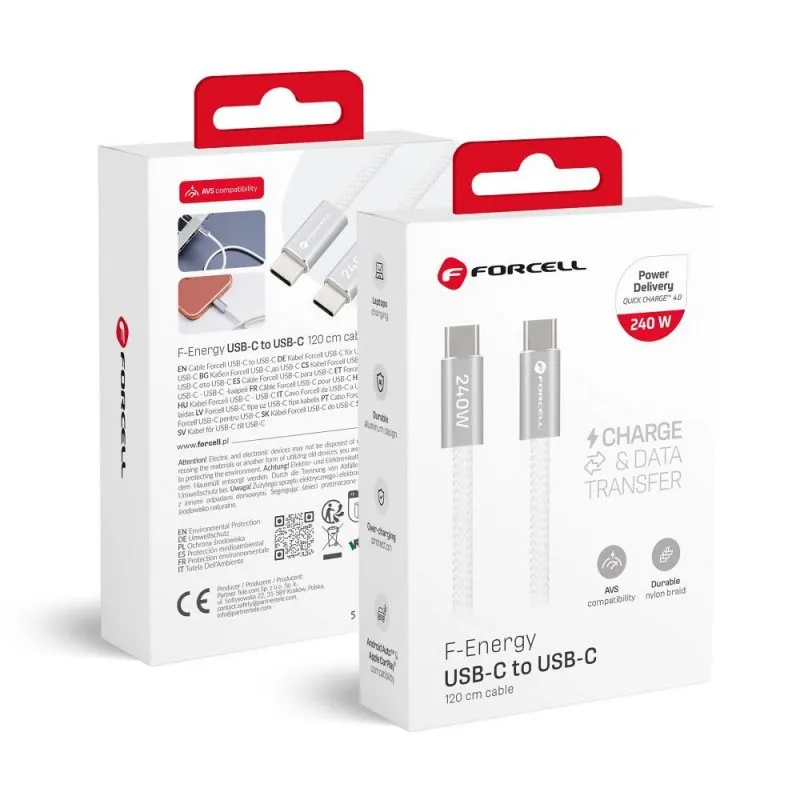 USB kabl (kabal) Forcell F-Energy QC4.0 PD 5A 240W USB C (Type C) na USB C (Type C) Cafule Flat 1,2 m beli