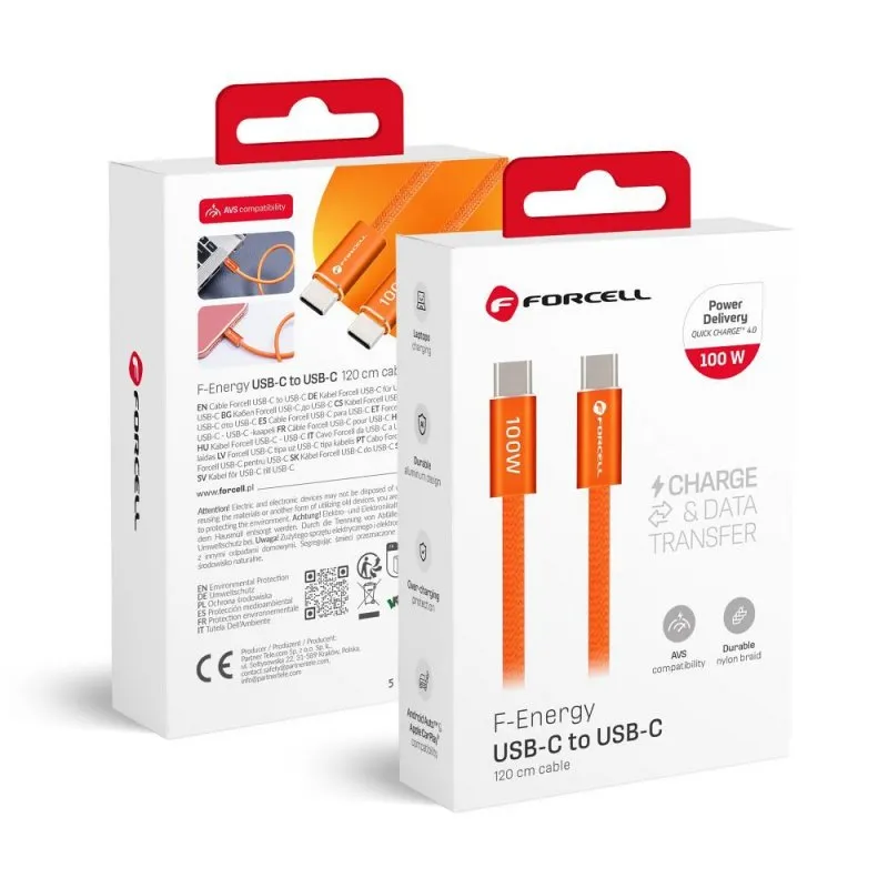 USB kabl (kabal) Forcell F-Energy QC4.0 PD 5A 100W USB C (Type C) na USB C (Type C) Cafule Flat 1,2 m narandzasti