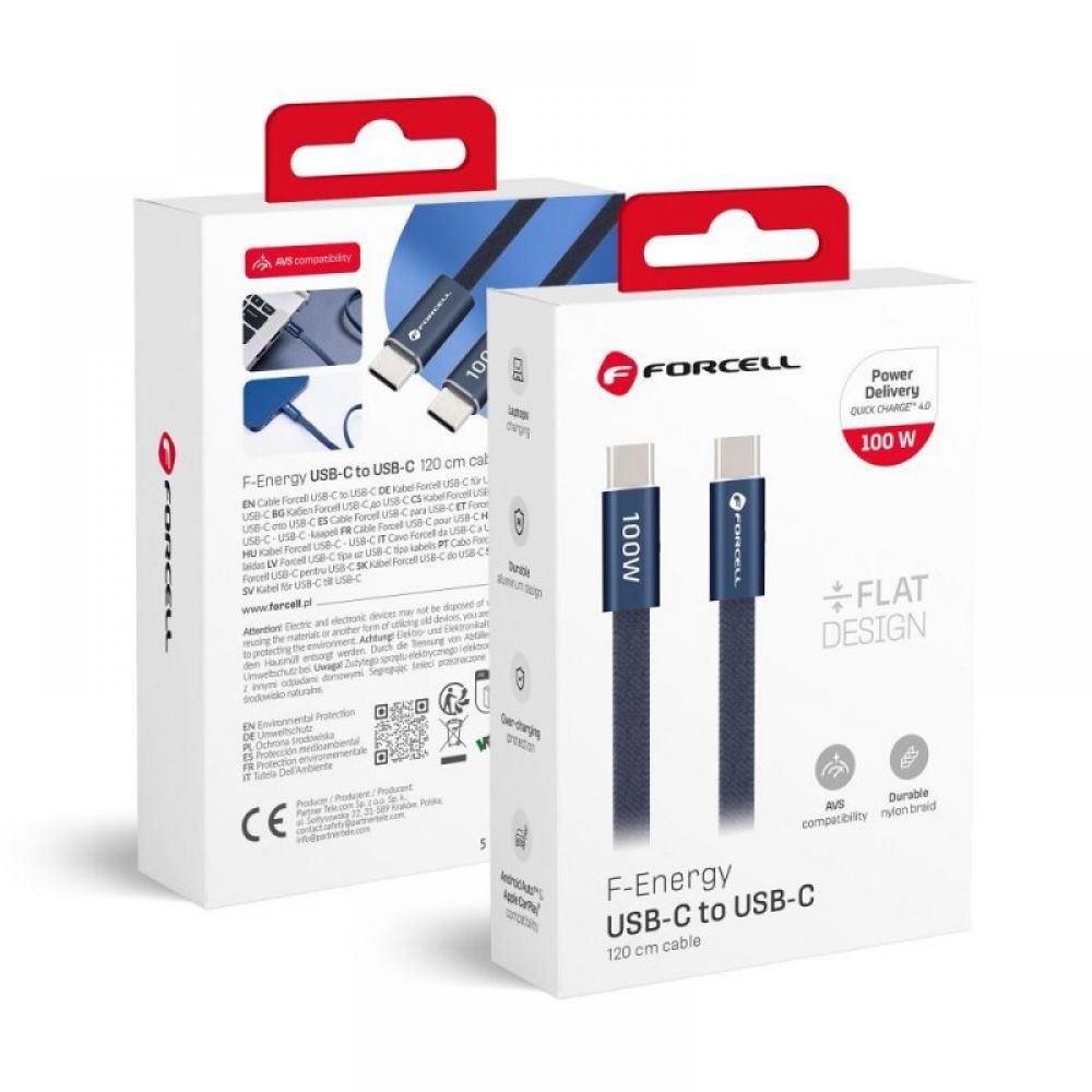 USB kabl (kabal) Forcell F-Energy QC4.0 PD 5A 100W USB C (Type C) na USB C (Type C) Cafule Flat 1,2 m tamno plavi