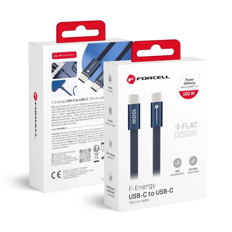 USB kabl (kabal) Forcell F-Energy QC4.0 PD 5A 100W USB C (Type C) na USB C (Type C) Cafule Flat 1,2 m tamno plavi