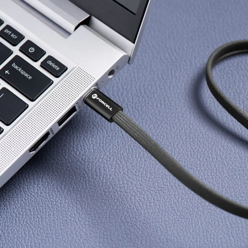 USB kabl (kabal) Forcell F-Energy QC4.0 PD 5A 100W USB C (Type C) na USB C (Type C) Cafule Flat 1,2 m crni