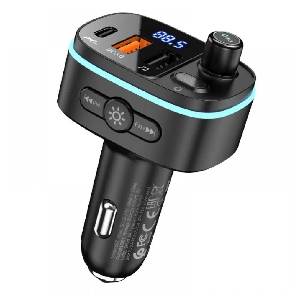 Auto FM transmiter bluetooth Hoco 2 x USB A + USB C (Type C) QC3.0 PD 20W E62 crni