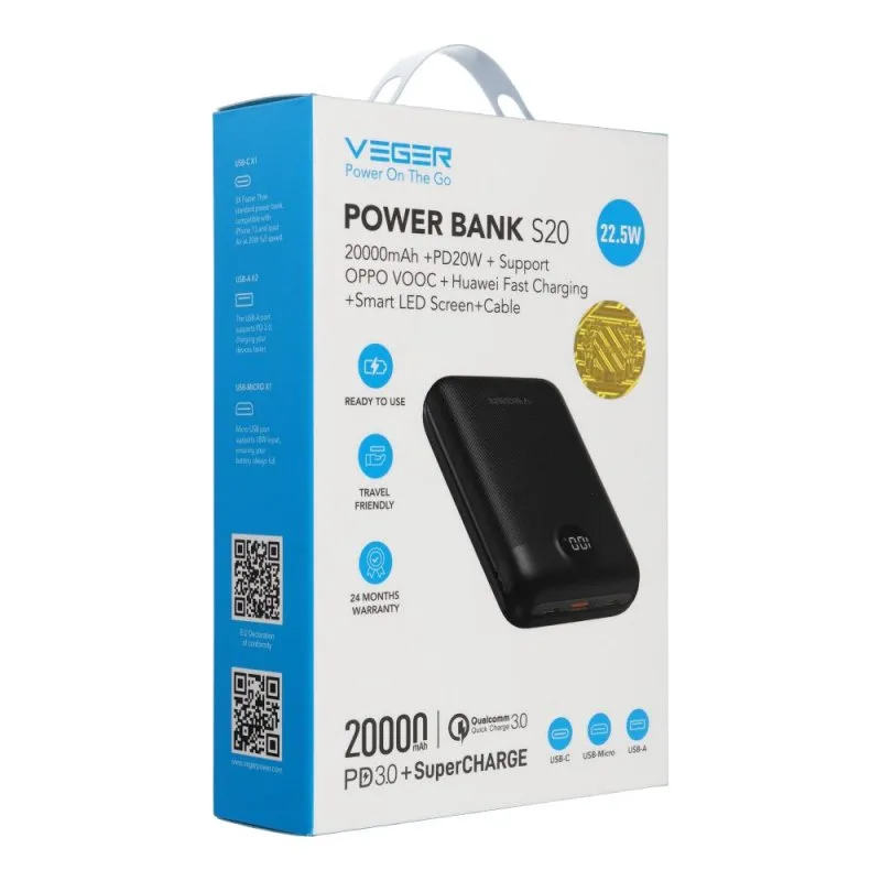 Powerbank Veger S20 (W2081) PD QC3.0 2A 22,5W 20000 mAh crni