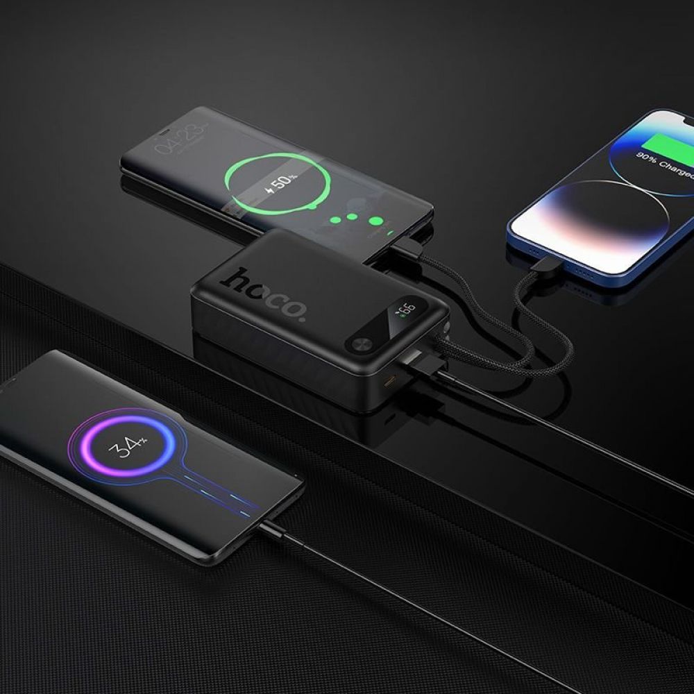 Powerbank Hoco 20000 mAh QC PD 2A 22,5W sa ugradjenim kablovima USB C (Type C) + Lightning J171A crni