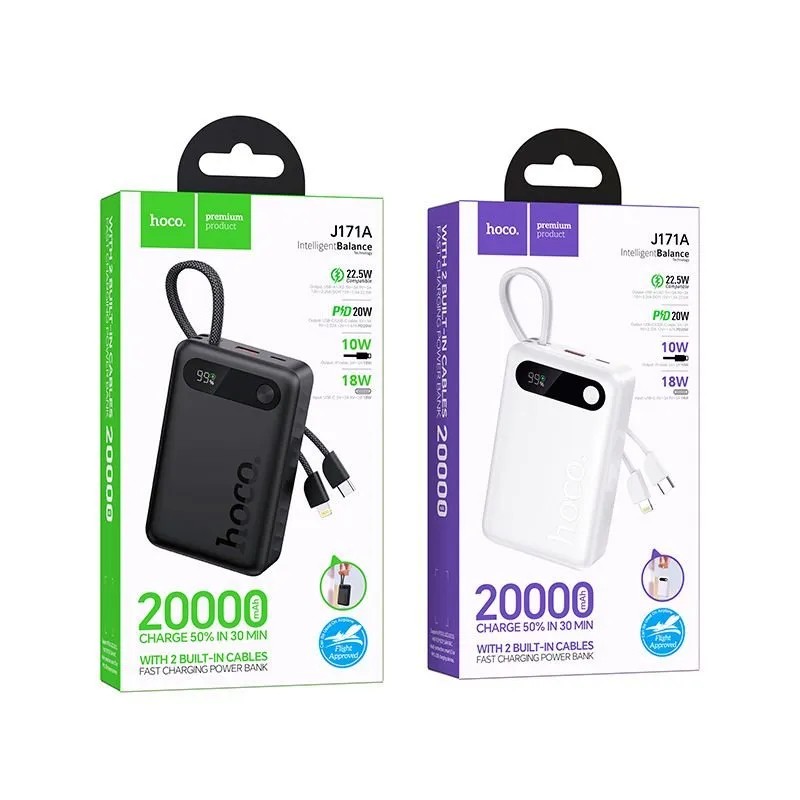 Powerbank Hoco 20000 mAh QC PD 2A 22,5W sa ugradjenim kablovima USB C (Type C) + Lightning J171A beli