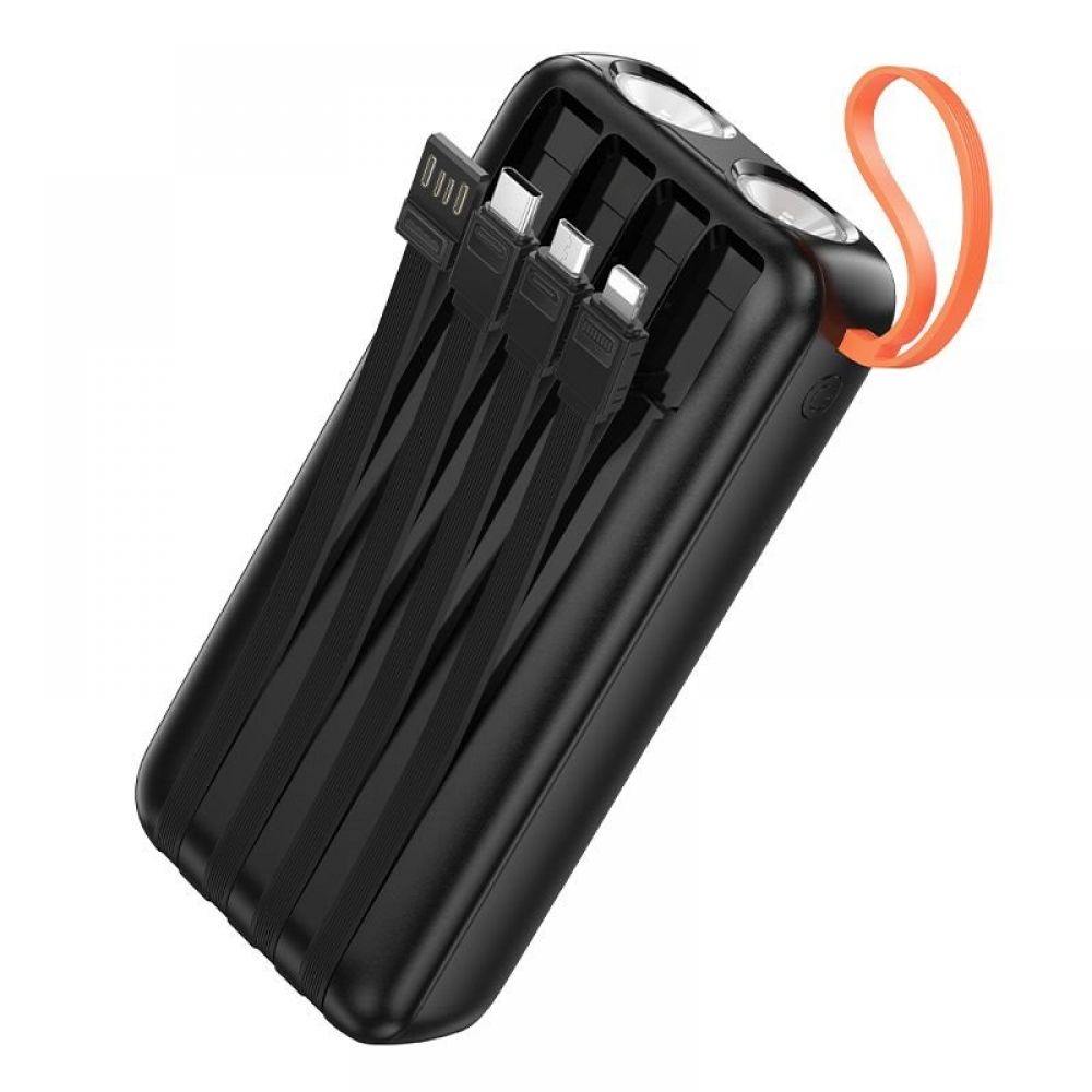 Powerbank Hoco 20000 mAh 2A sa ugradjenim kablovima USB A + USB C (Type C) + Lightning + Micro USB i duplim svetlom J151A crni