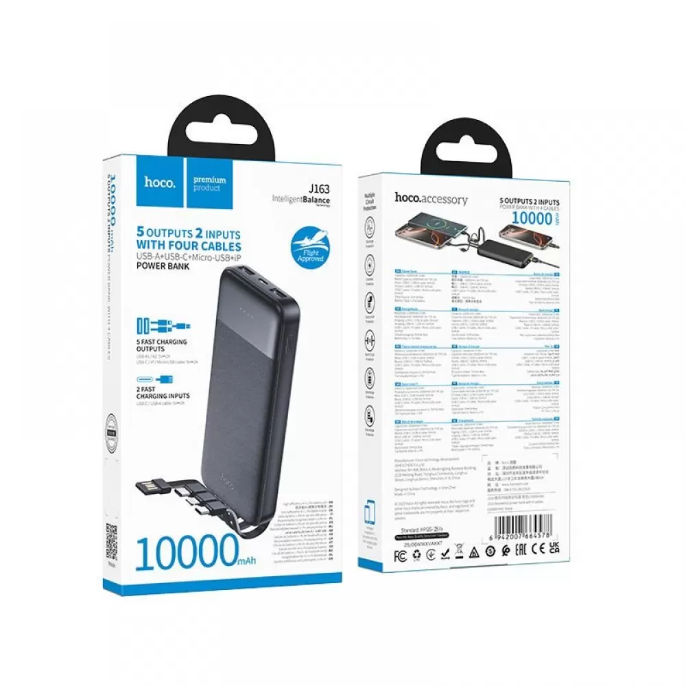 Powerbank Hoco 10000 mAh 2A sa cetiri ugradjena kabla USB A + USB C (Type C) + Lightning + Micro USB J163 crni
