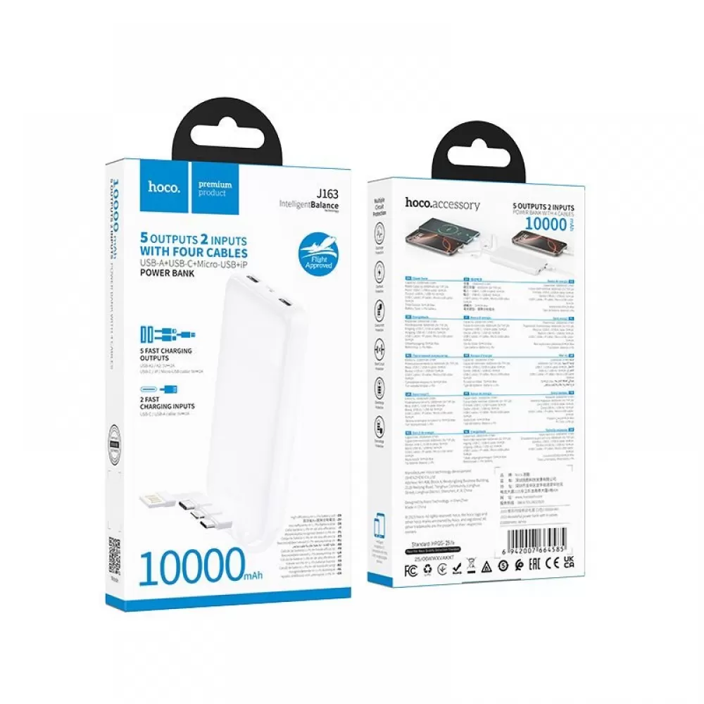 Powerbank Hoco 10000 mAh 2A sa cetiri ugradjena kabla USB A + USB C (Type C) + Lightning + Micro USB J163 beli