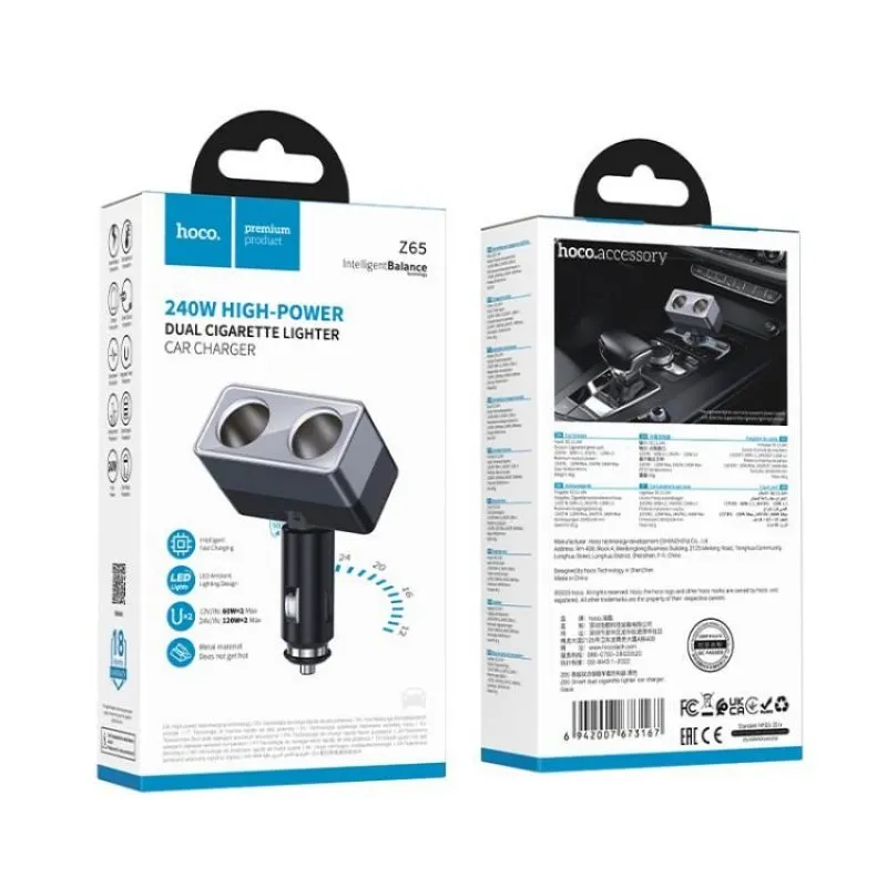 Auto punjac Hoco Z65 sa 2 prikljucka za upaljac max 240W/24V crni