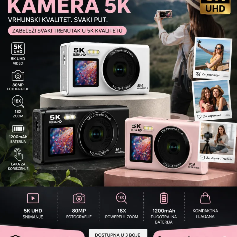 X-Cell Digitalna kamera 5K 80 MP, 18x Zoom, Wi-Fi  bela