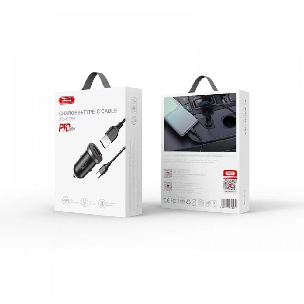 XO auto punjac CC56 PD 30W QC 1x USB 1x USB-C (Type C) crni + USB - USB-C (Type C) kabl