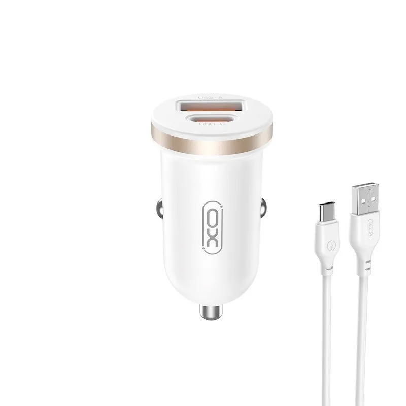 XO auto punjac CC56 PD 30W QC 1x USB 1x USB-C (Type C) beli + USB - USB-C (Type C) kabl