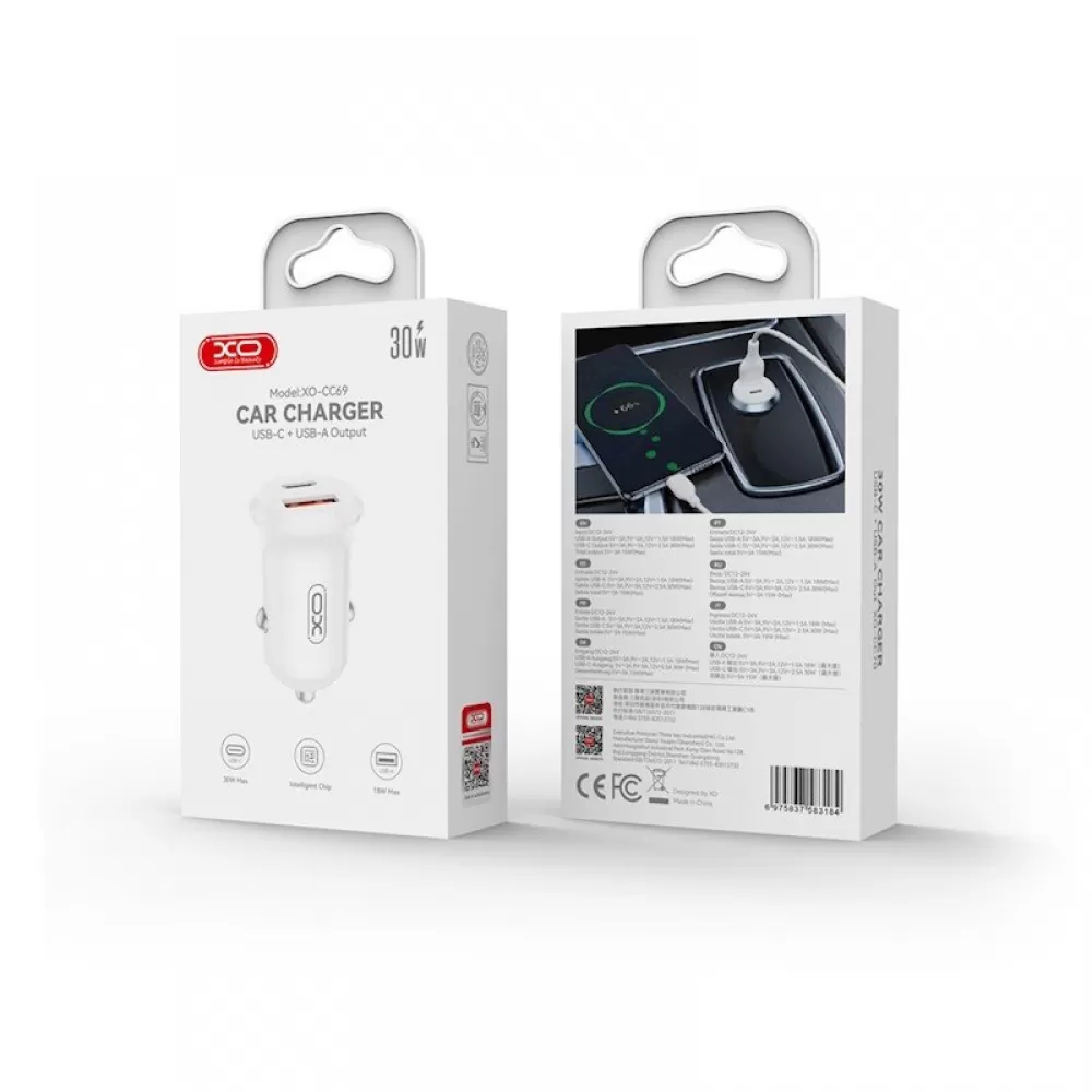 XO auto punjac CC69 PD 30W QC 1x USB 1x USB-C (Type C) beli