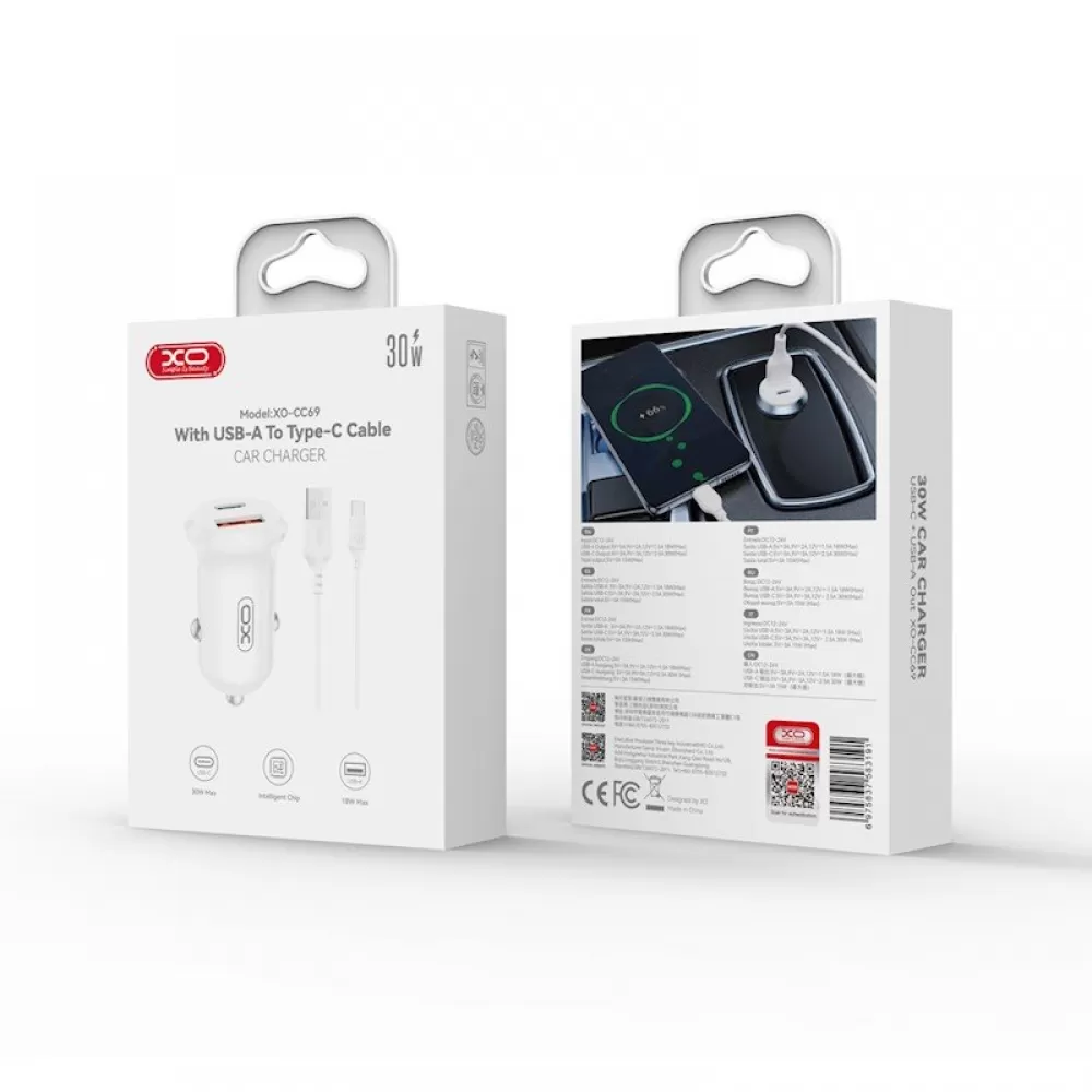 XO auto punjac CC69 PD 30W QC 1x USB 1x USB-C (Type C) beli + USB - USB-C (Type C) kabl