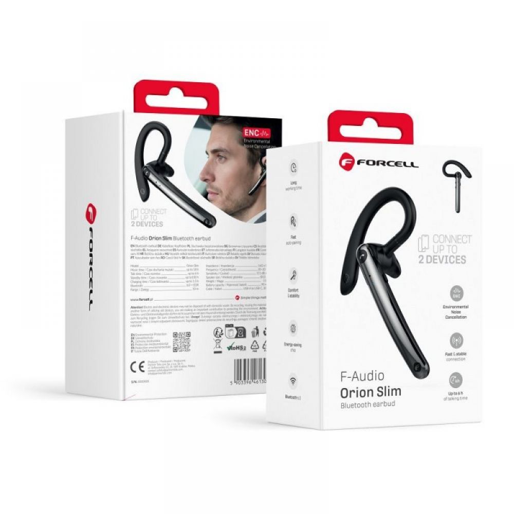Bezicna mono slušalica FORCELL Orion Slim (ENC, Multipoint, BT 6.0 + EDR, 90 mAh) crna