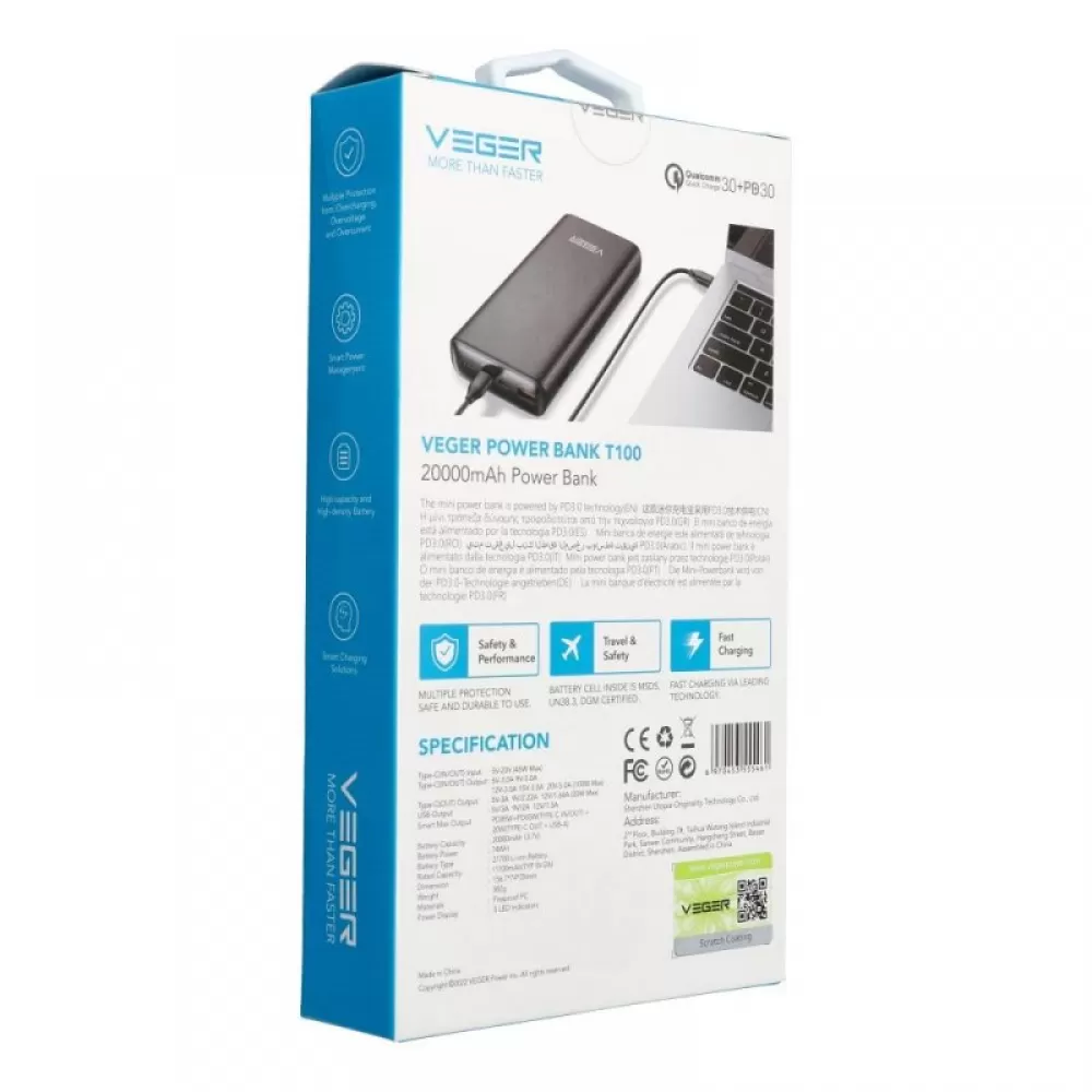 Powerbank Veger T100 (W2032C-100) PD QC3.0 5A 100W 20000 mAh crni