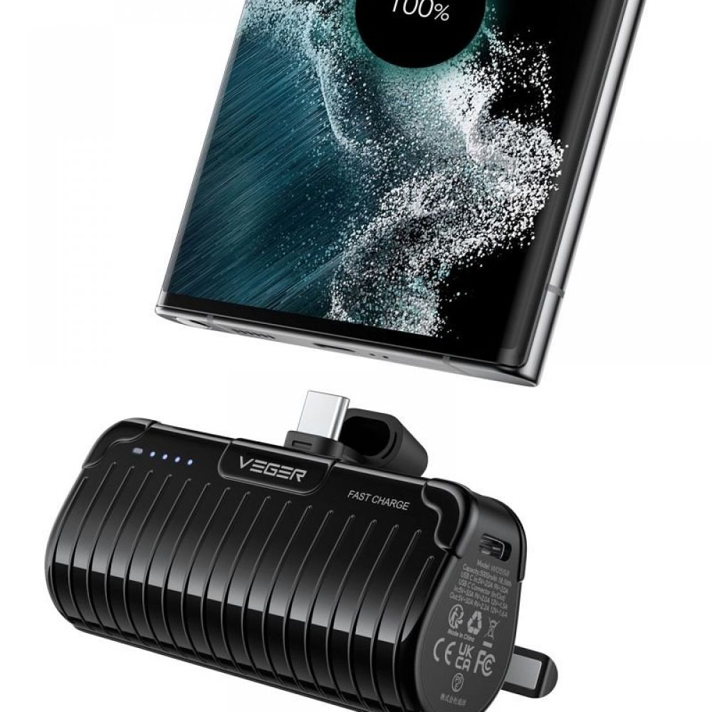 Powerbank Veger PlugOn (W0558) PD QC3.0 3A 20W 5000 mAh sa ugrađenim Type-C konektorom crni