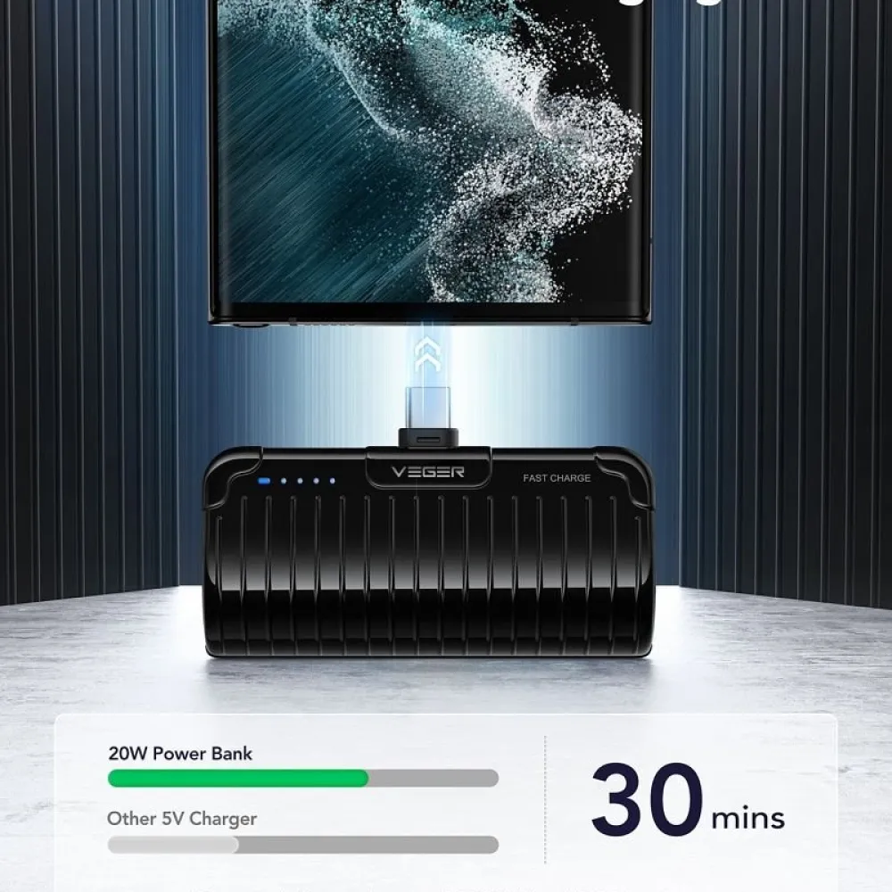 Powerbank Veger PlugOn (W0558) PD QC3.0 3A 20W 5000 mAh sa ugrađenim Type-C konektorom crni