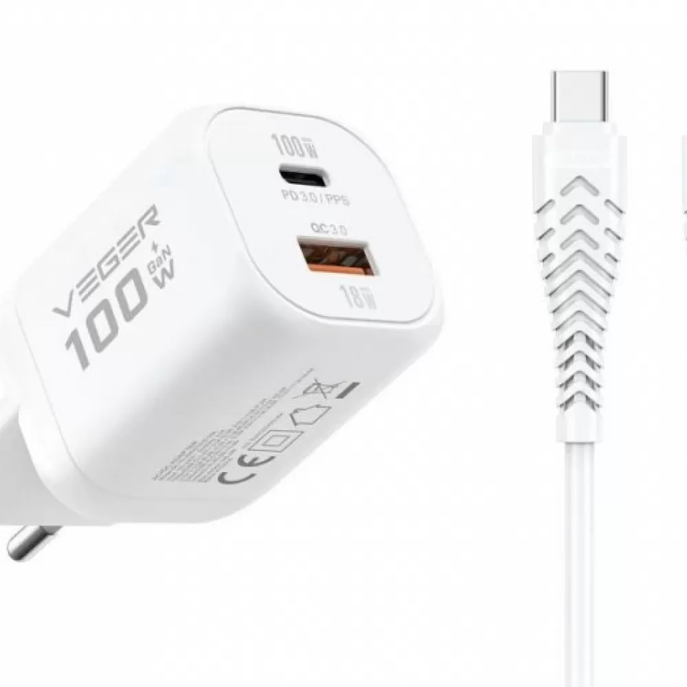 Kucni punjac VEGER USB-A + Type-C PD Super Charge PPS 100W + data kabl Type-C na Type-C 240W TR150 beli