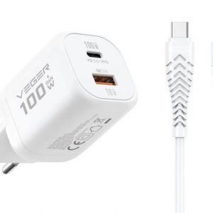 Kucni punjac VEGER USB-A + Type-C PD Super Charge PPS 100W + data kabl Type-C na Type-C 240W TR150 beli