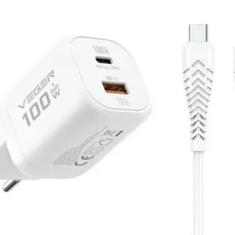 Kucni punjac VEGER USB-A + Type-C PD Super Charge PPS 100W + data kabl Type-C na Type-C 240W TR150 beli