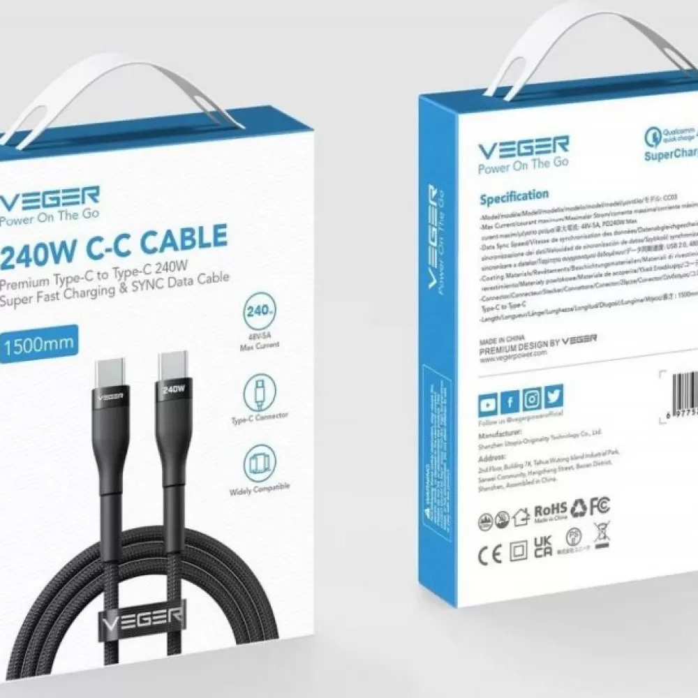 Kabl Type-C na Type-C VEGER PD 5A 240W CC03 1,5 m crni