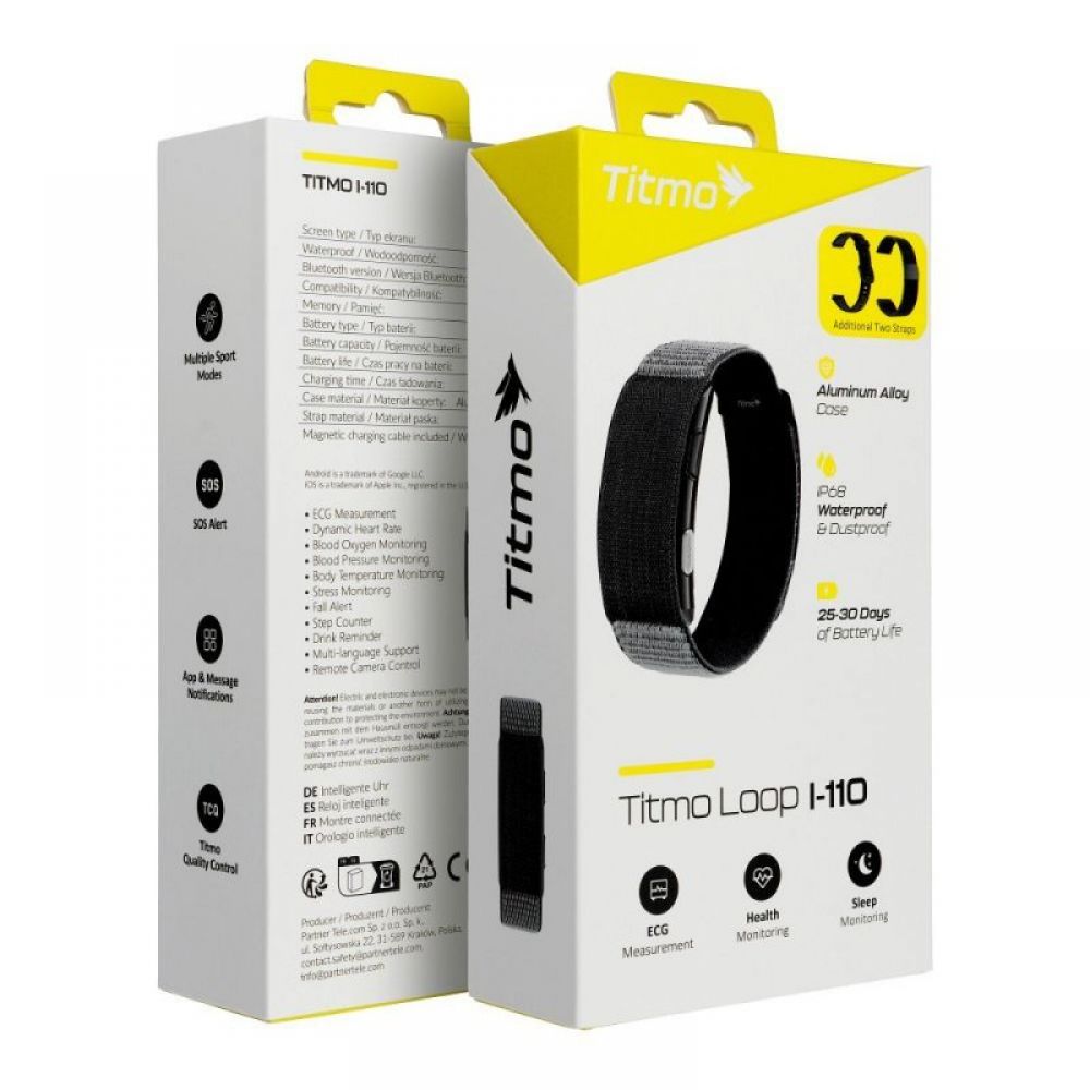 Pametna fitnes narukvica TITMO Loop I-110 sa IP68 zastitom, EKG funkcijom, merenjem pulsa, HRV, krvnog pritiska, SpO2, pracenjem sna i stresa crna