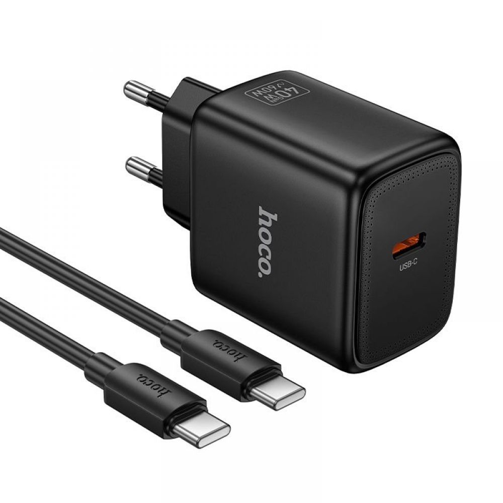 GaN kucni punjac Hoco USB-C (Type C) PD AVS 40W (maks. 60W) sa USB-C (Type C) na USB-C (Type C) kablom N83 crni