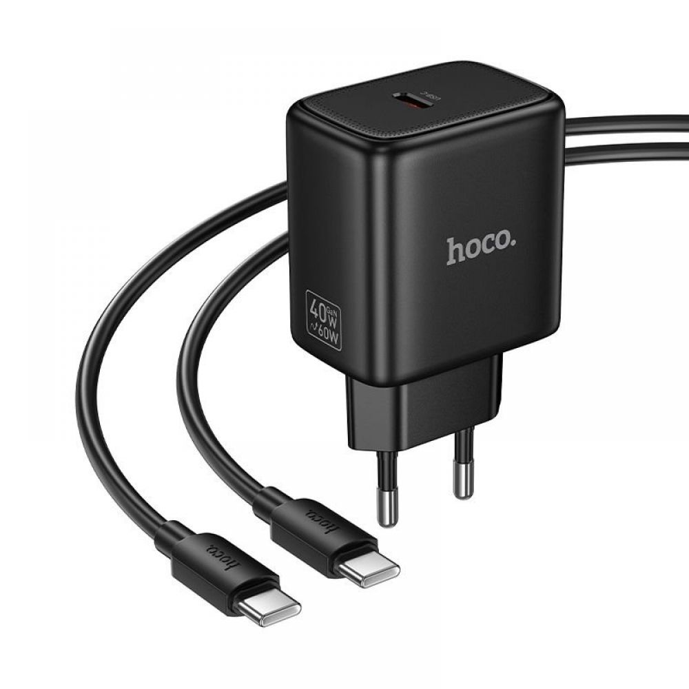 GaN kucni punjac Hoco USB-C (Type C) PD AVS 40W (maks. 60W) sa USB-C (Type C) na USB-C (Type C) kablom N83 crni