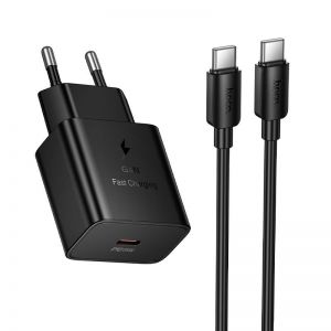 Kucni punjac Hoco USB-C (Type C) QC PD 25W + kabl USB-C (Type C) na USB-C (Type C) N76 crni